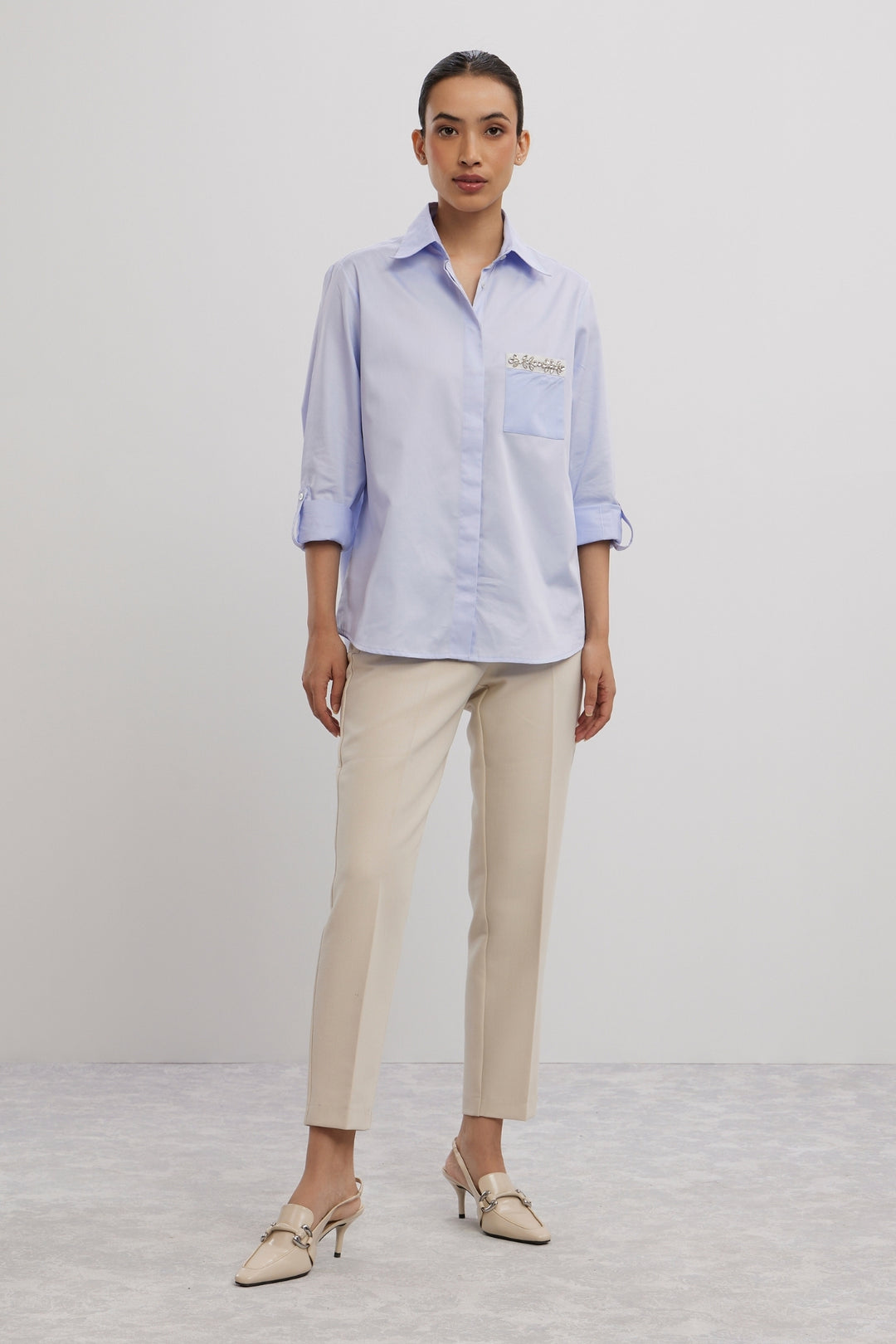 SKY BLUE SWAROVSKI FLOWER STRIP SHIRT - PALLAVI SWADI  