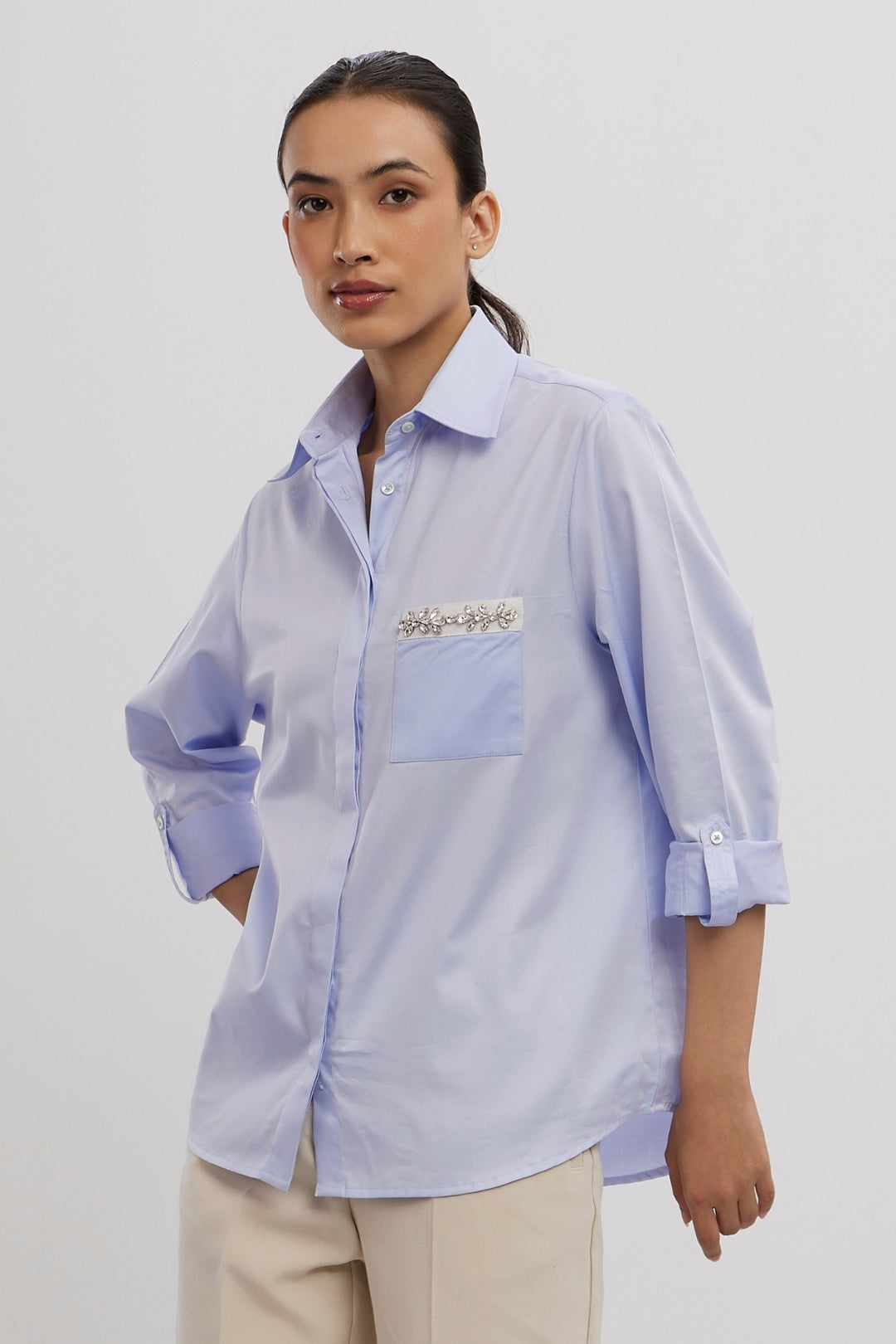 SKY BLUE SWAROVSKI FLOWER STRIP SHIRT - PALLAVI SWADI  