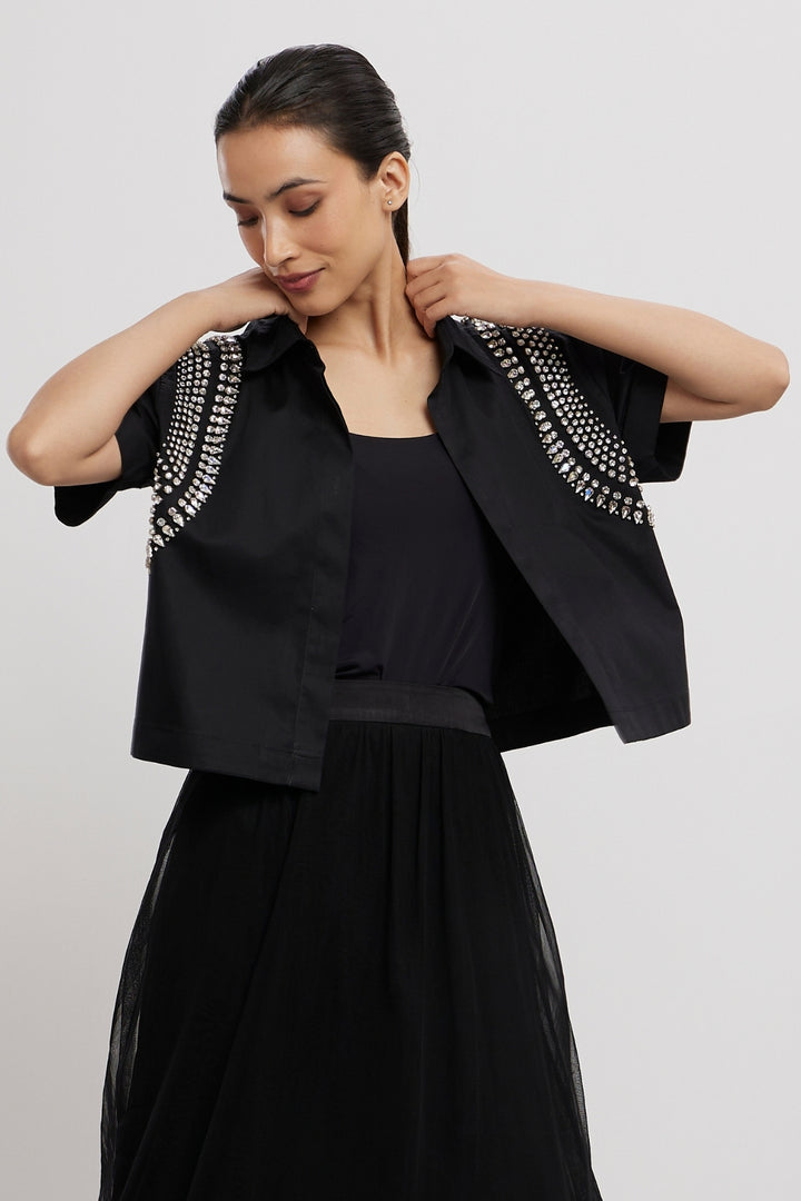 BLACK SWAROVSKI CROP JACKET - PALLAVI SWADI  