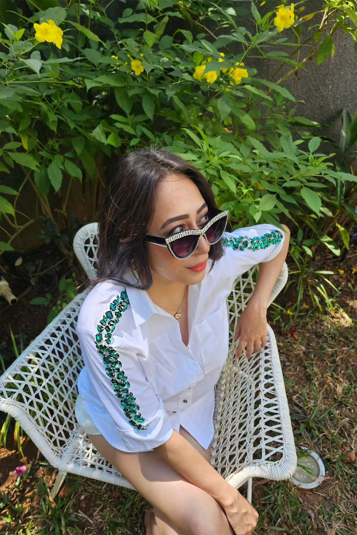 White Swarovski Emerald Ribbon Shirt