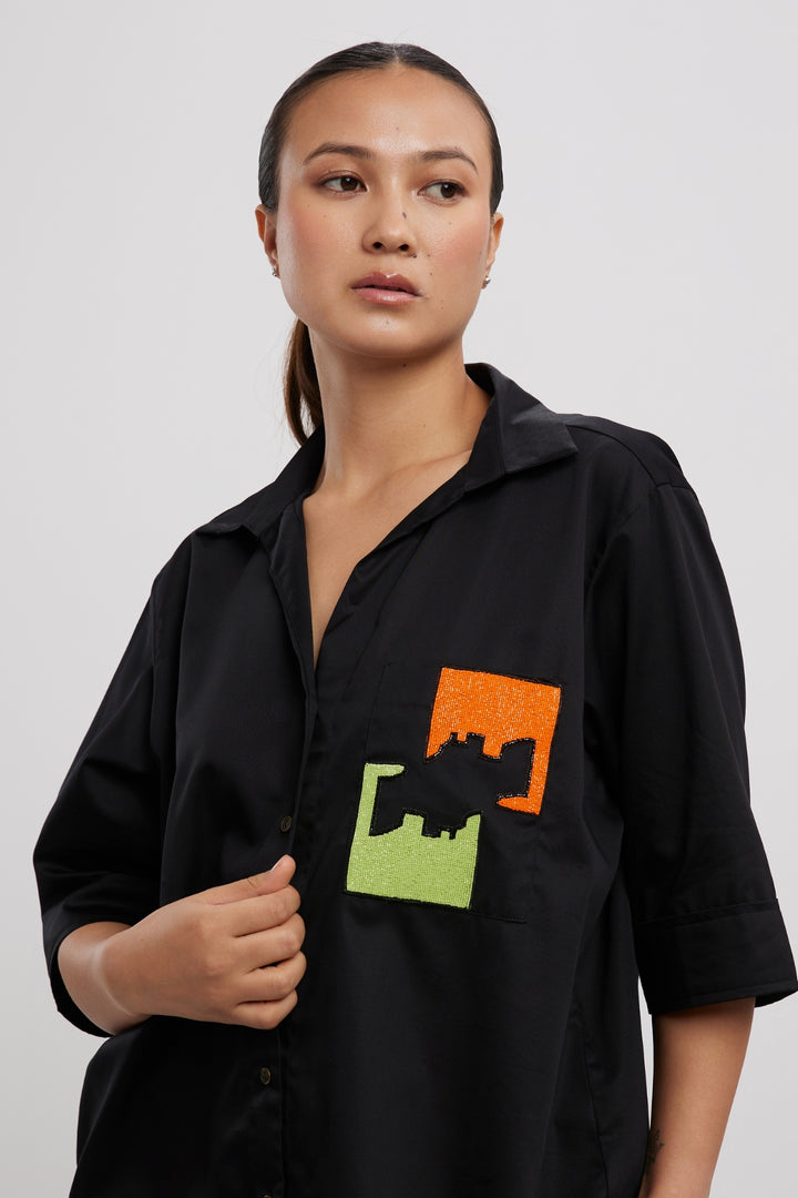 Black Puzzle Pop Embroidered Shirt - PALLAVI SWADI  