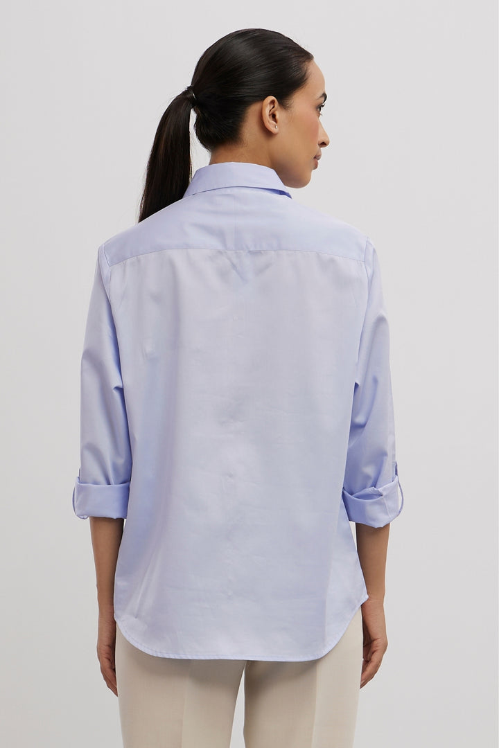SKY BLUE SWAROVSKI FLOWER STRIP SHIRT - PALLAVI SWADI  