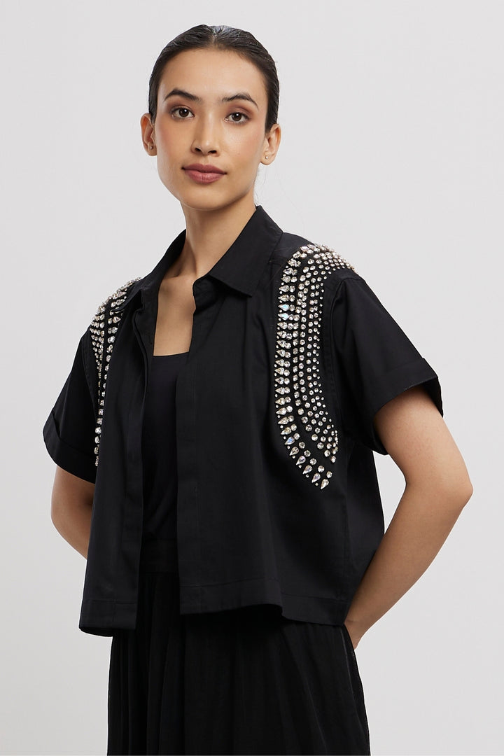 BLACK SWAROVSKI CROP JACKET - PALLAVI SWADI  