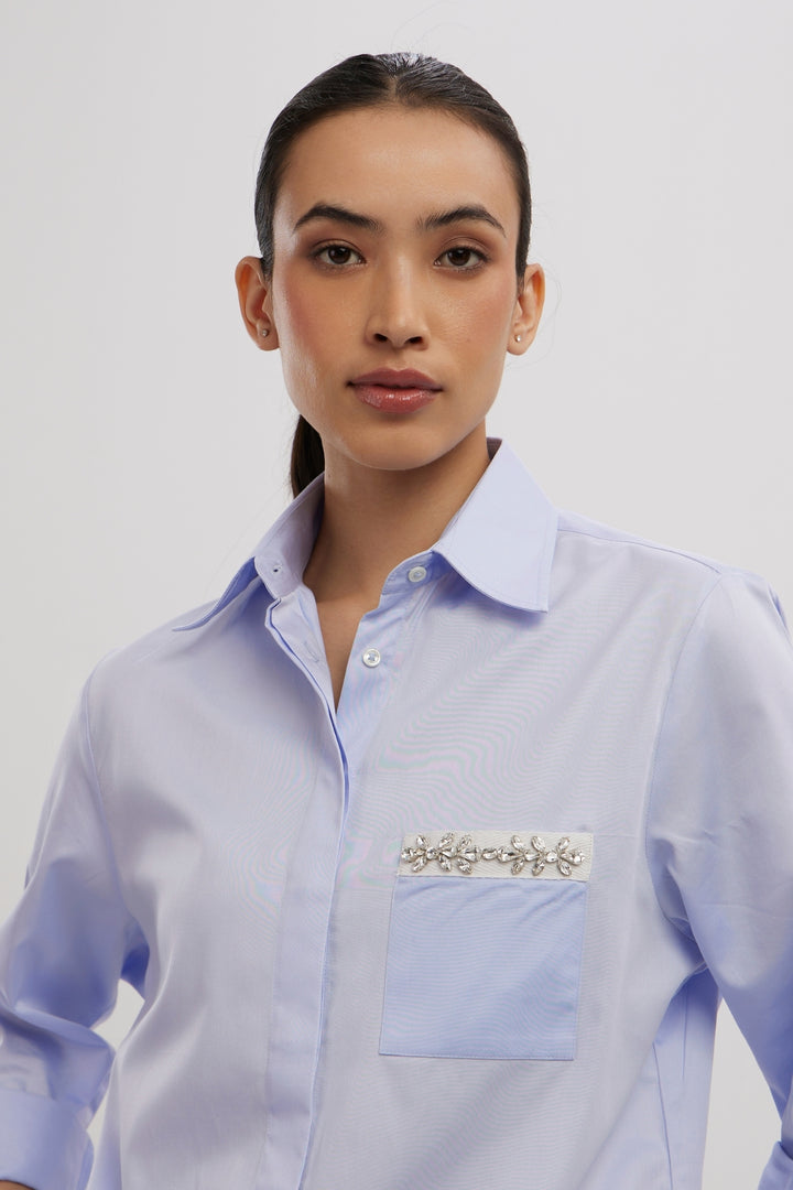 SKY BLUE SWAROVSKI FLOWER STRIP SHIRT - PALLAVI SWADI  