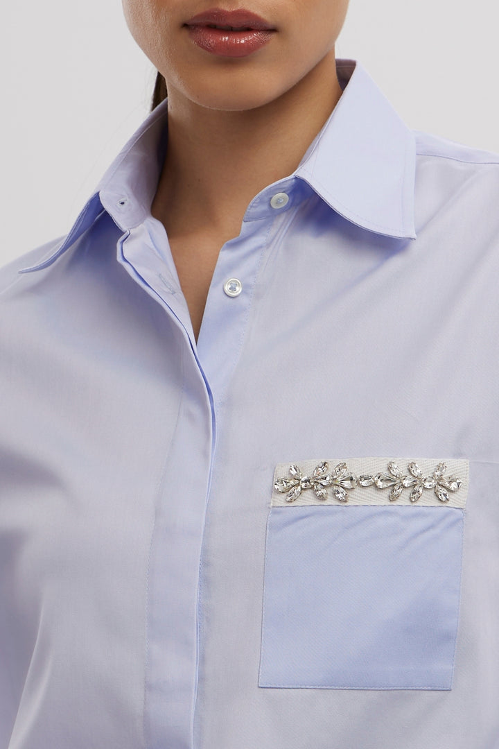 SKY BLUE SWAROVSKI FLOWER STRIP SHIRT - PALLAVI SWADI  