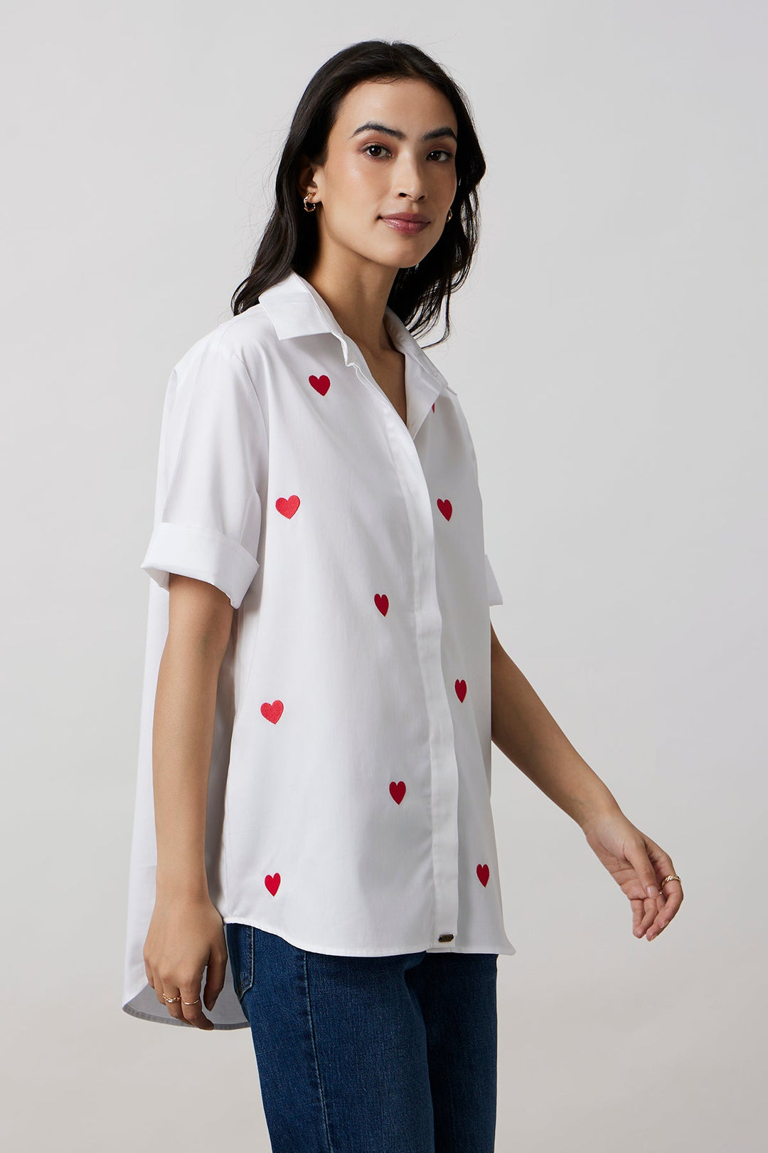 White Red Heart Embroidered Shirt