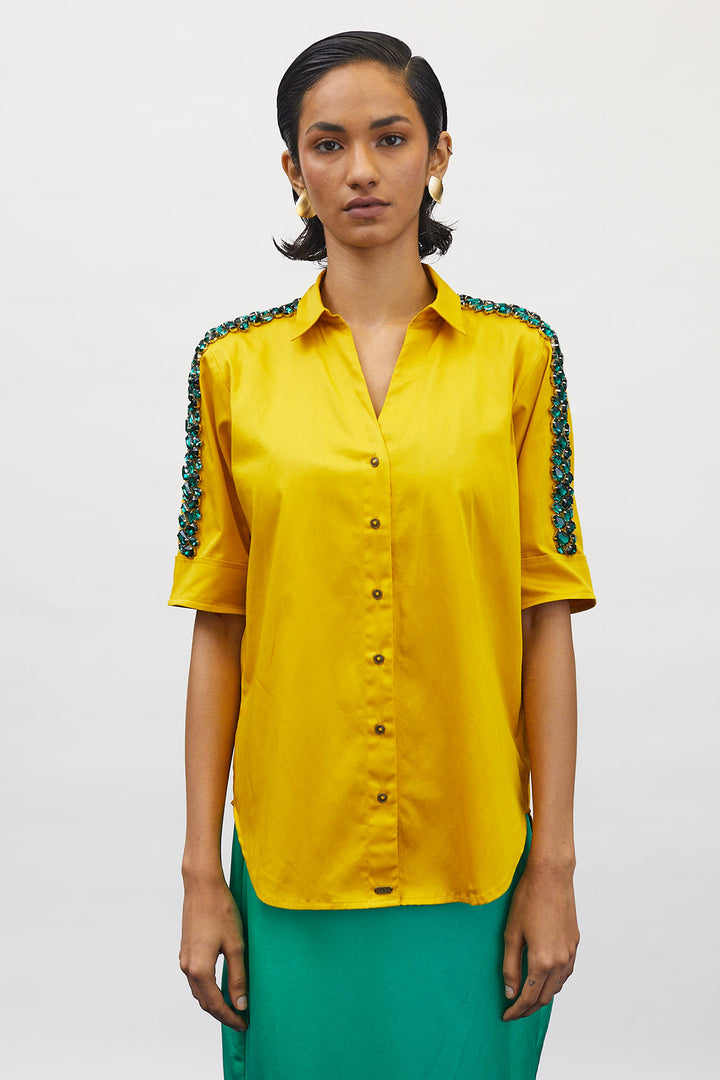 Canary Yellow Emerald Swarovski Ribbon Shirt