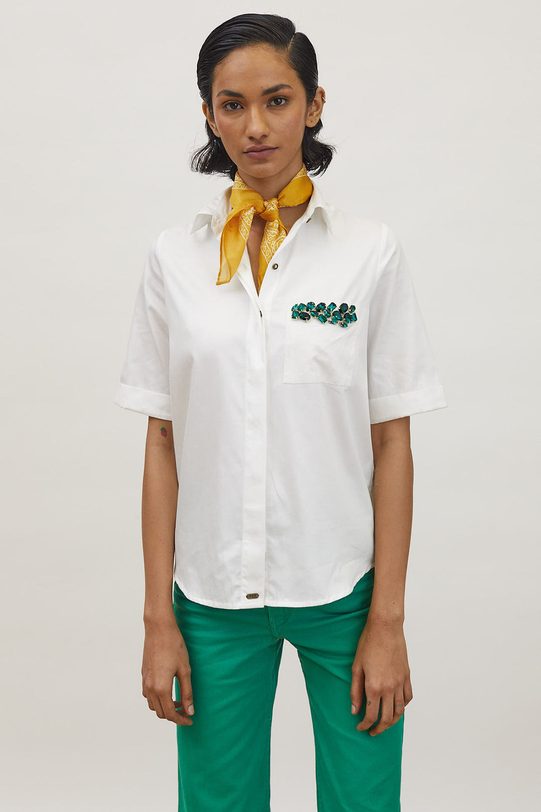 White Emerald Pocket Swarovski Shirt