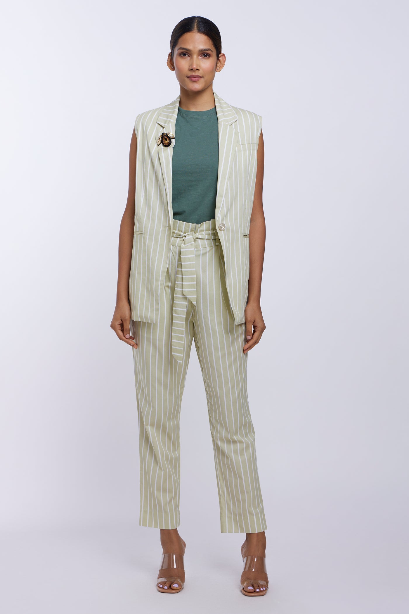 Green Stripe Blazer Set With Swarovski Beetle