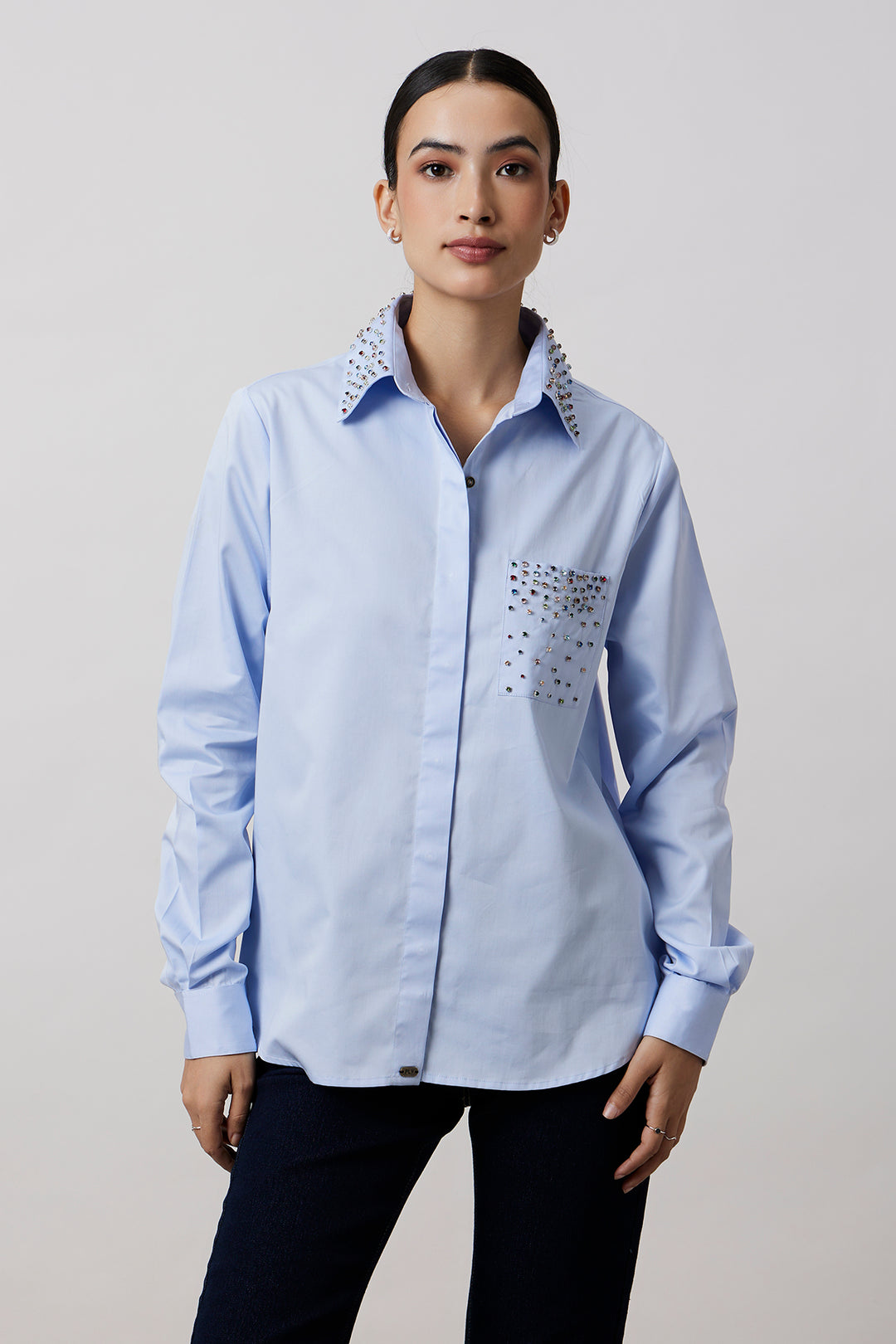 Sky Blue Multicolour Swarovski Studs Full Sleeve Shirt