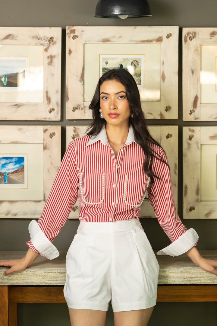 Red Stripe Pearl Pocket Shirt