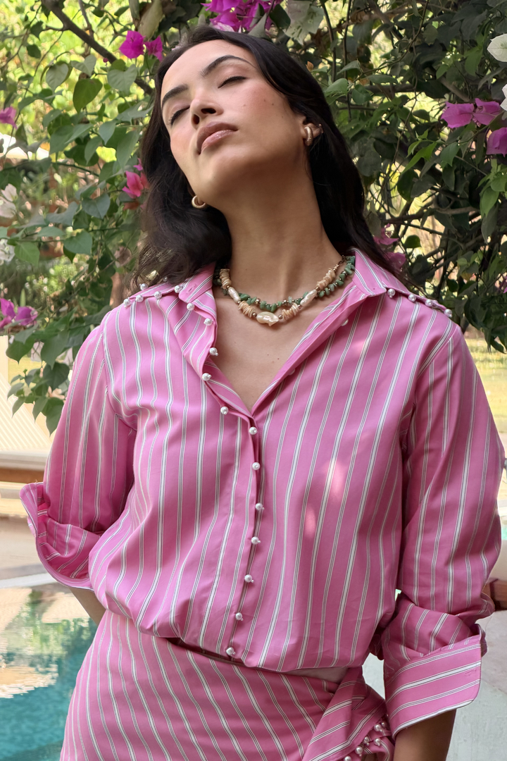 Pink Stripe Pearl Collar Placket Shirt