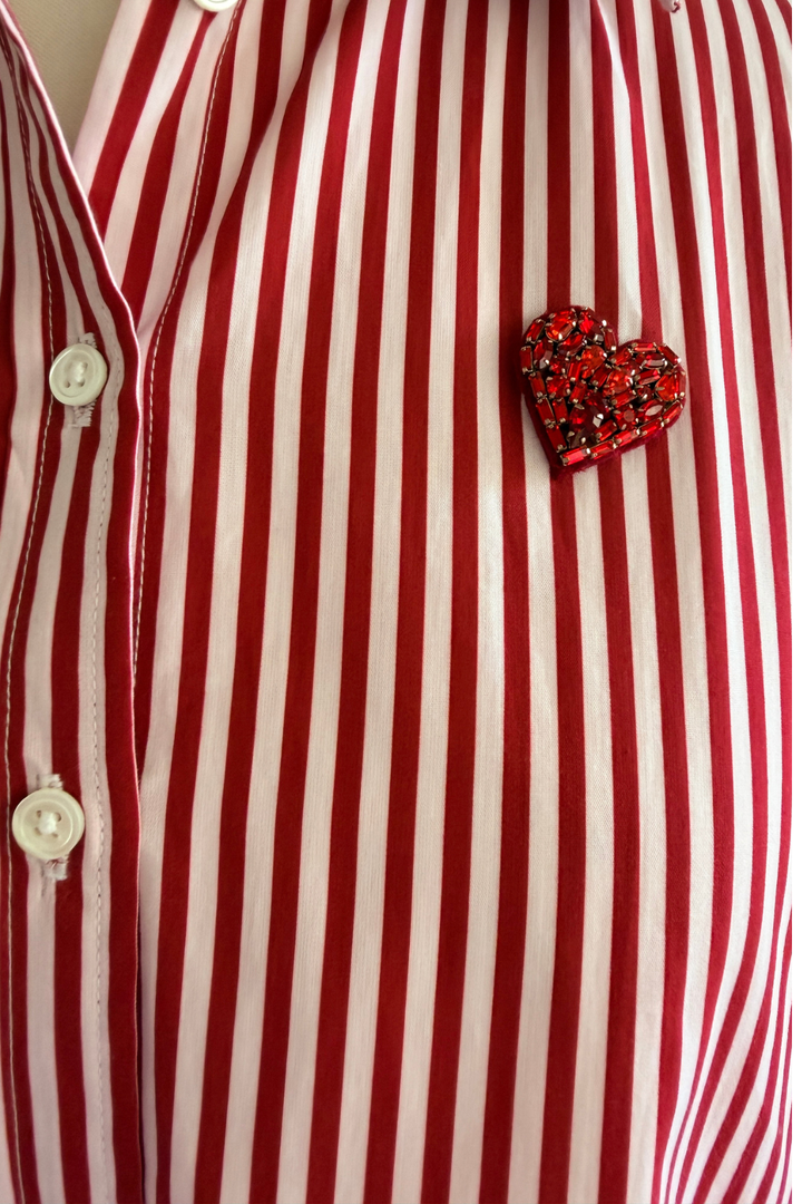 Red Crystal Heart Stripe Crop Shirt