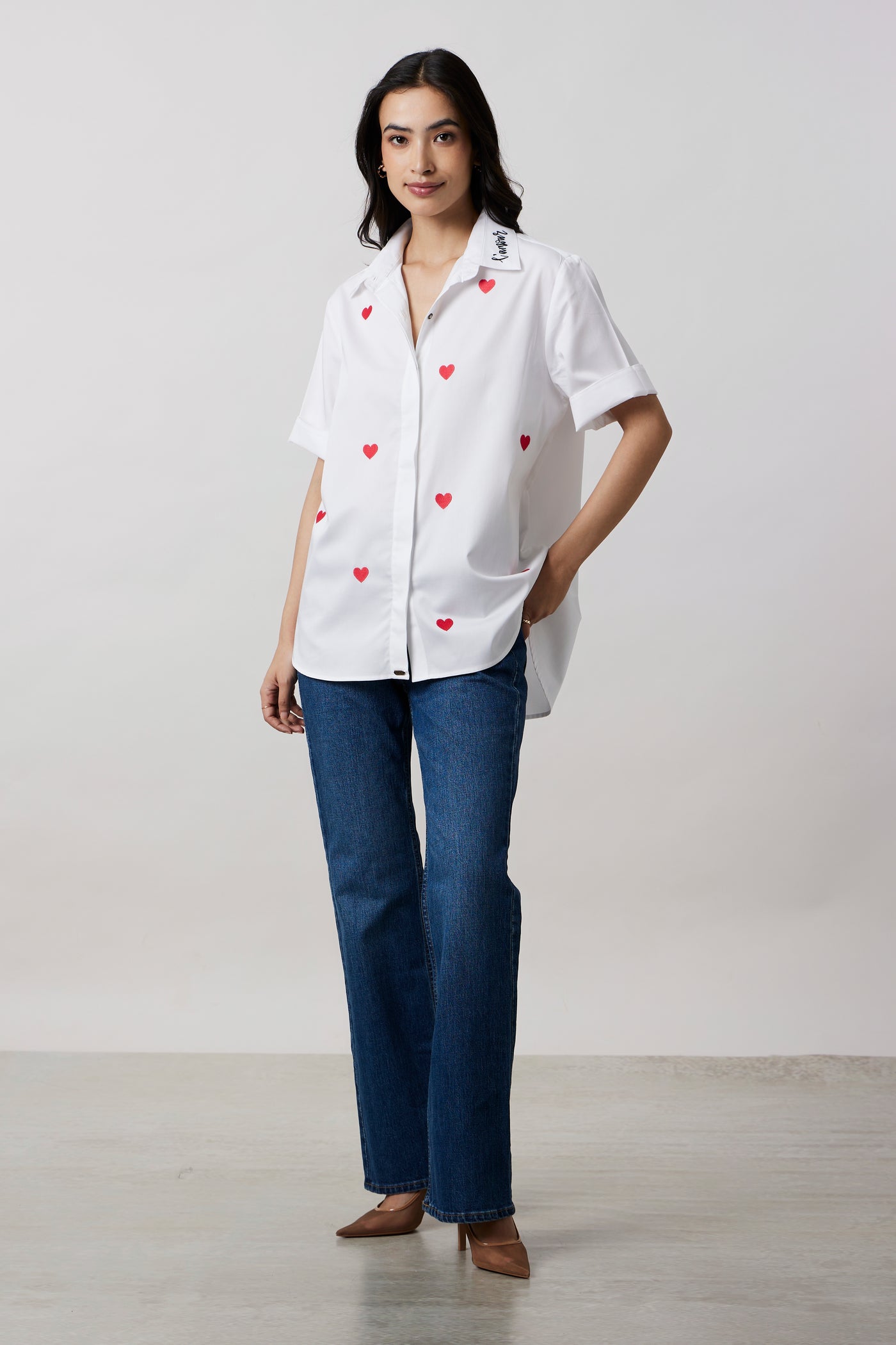 White Red Heart Embroidered Shirt