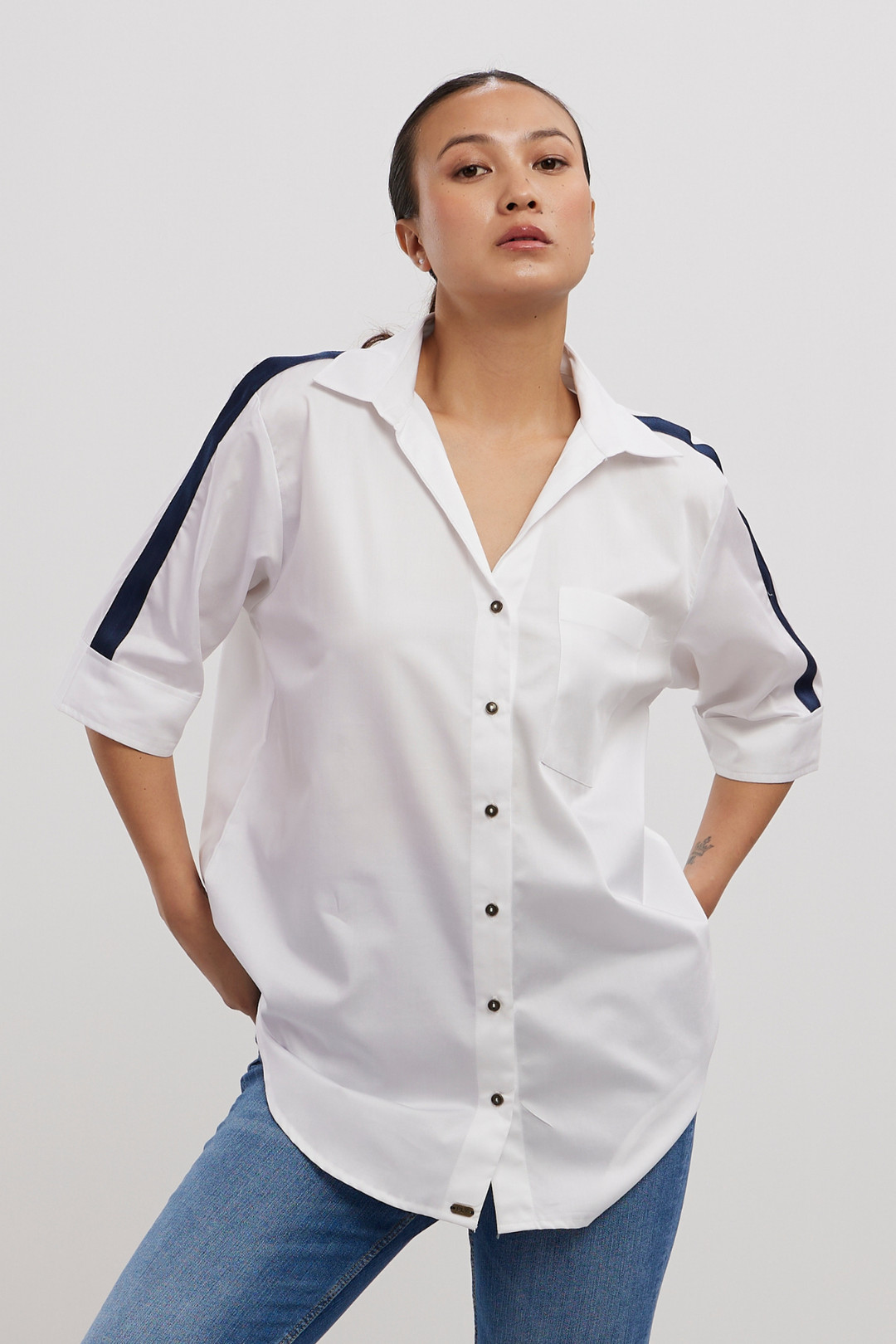 WHITE NAVY RIBBON SHIRT - PALLAVI SWADI  