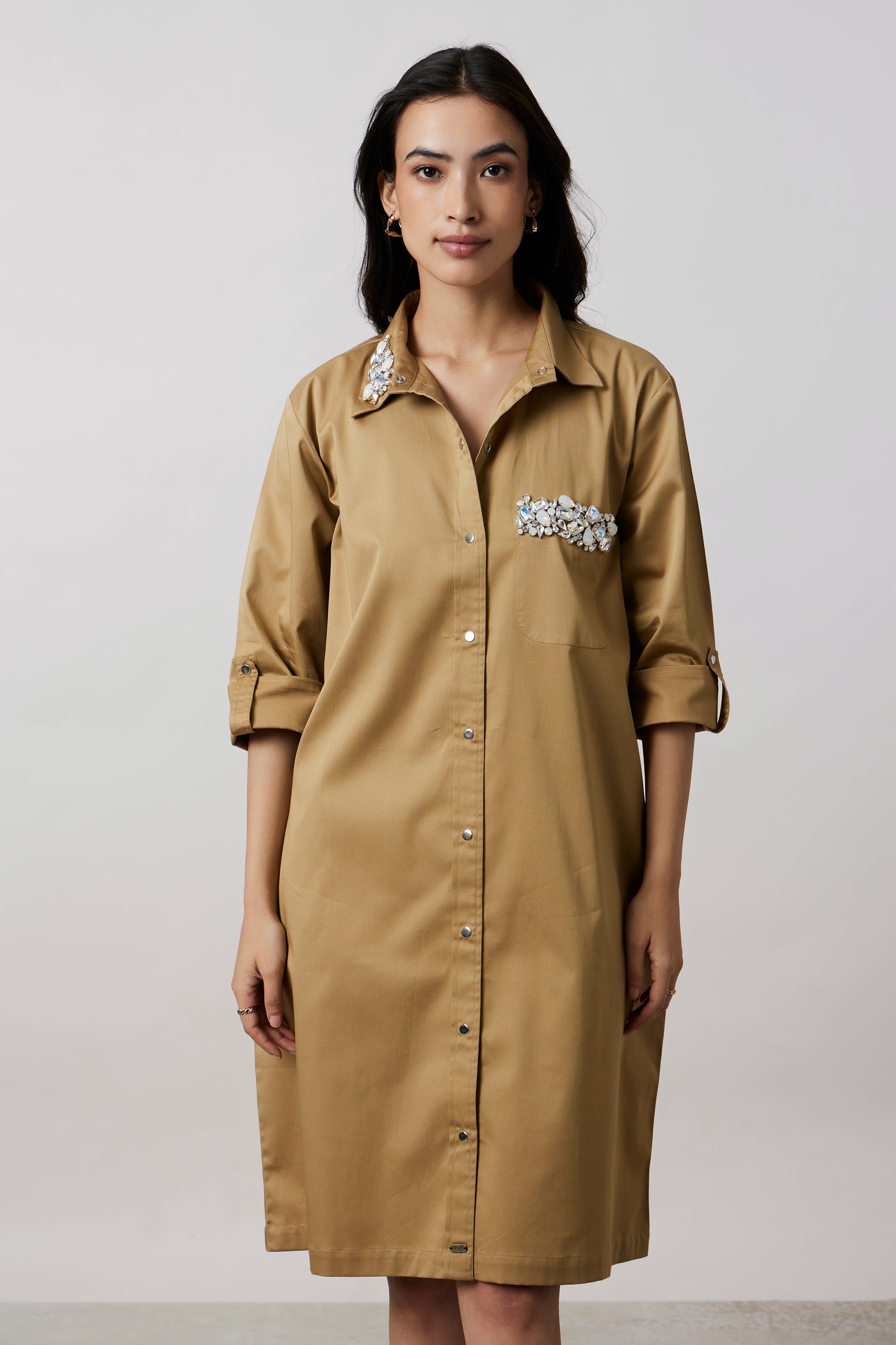 Sand Collar Pocket Swarovski Shirt Dress