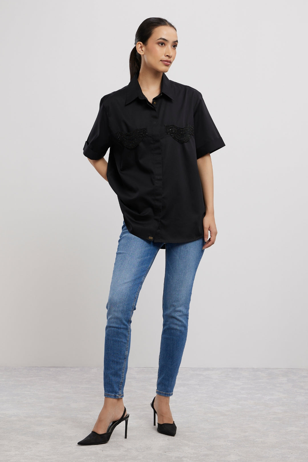 2 POCKET BLACK FRINGE SHIRT - PALLAVI SWADI  