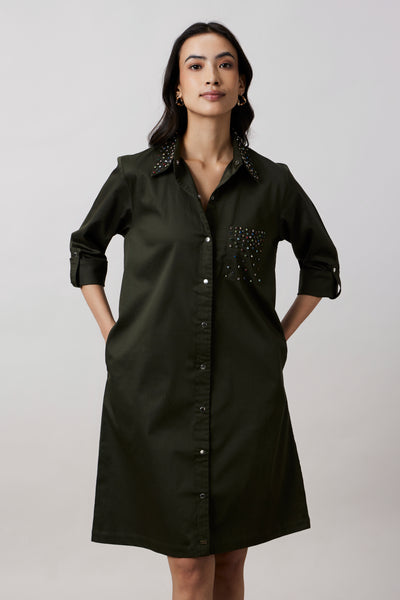 Olive Collar Pocket Swarovski Stud Shirt Dress