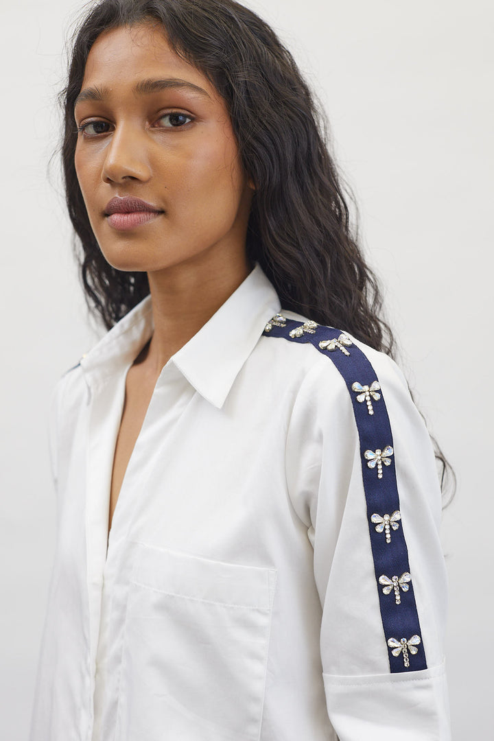White Dragonfly Crystal Ribbon Shirt