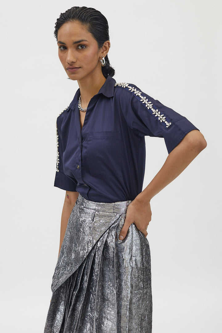 Navy Flower Crystal Ribbon Shirt