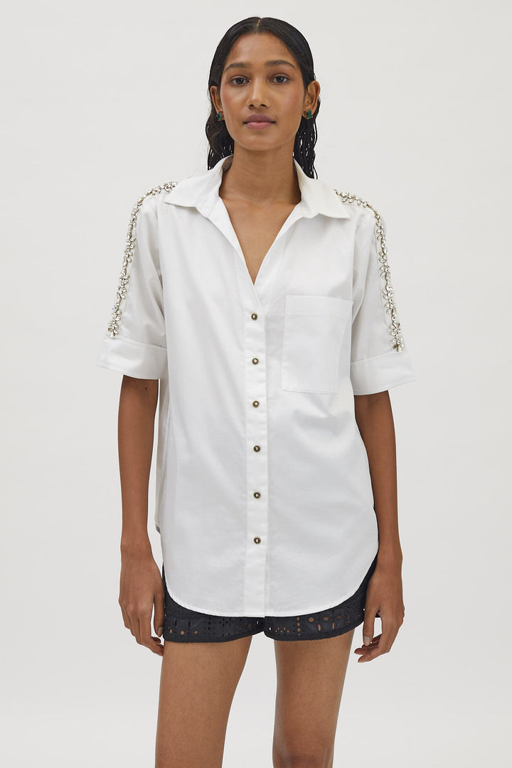 White Monochrome Flower Crystal Ribbon Shirt