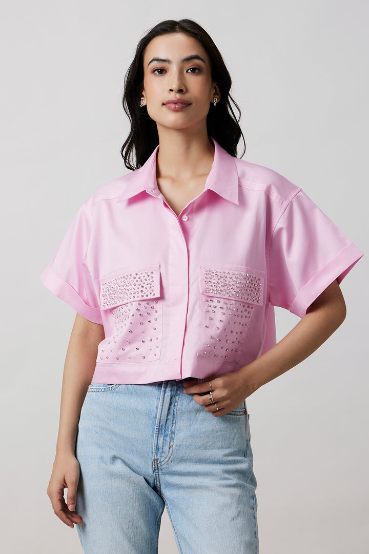 Pastel Pink Crop Shirt with Swarovski Studs