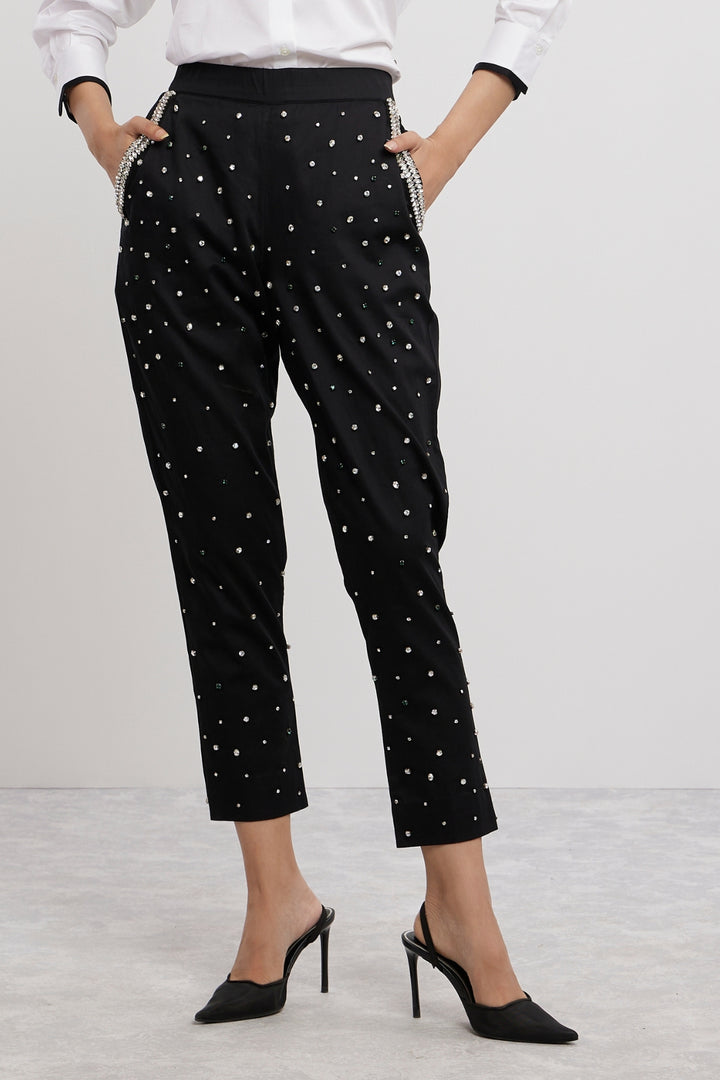 WHITE TUXEDO SMALL SWAROVSKI HEART SHIRT WITH SWAROVSKI PANTS - PALLAVI SWADI  