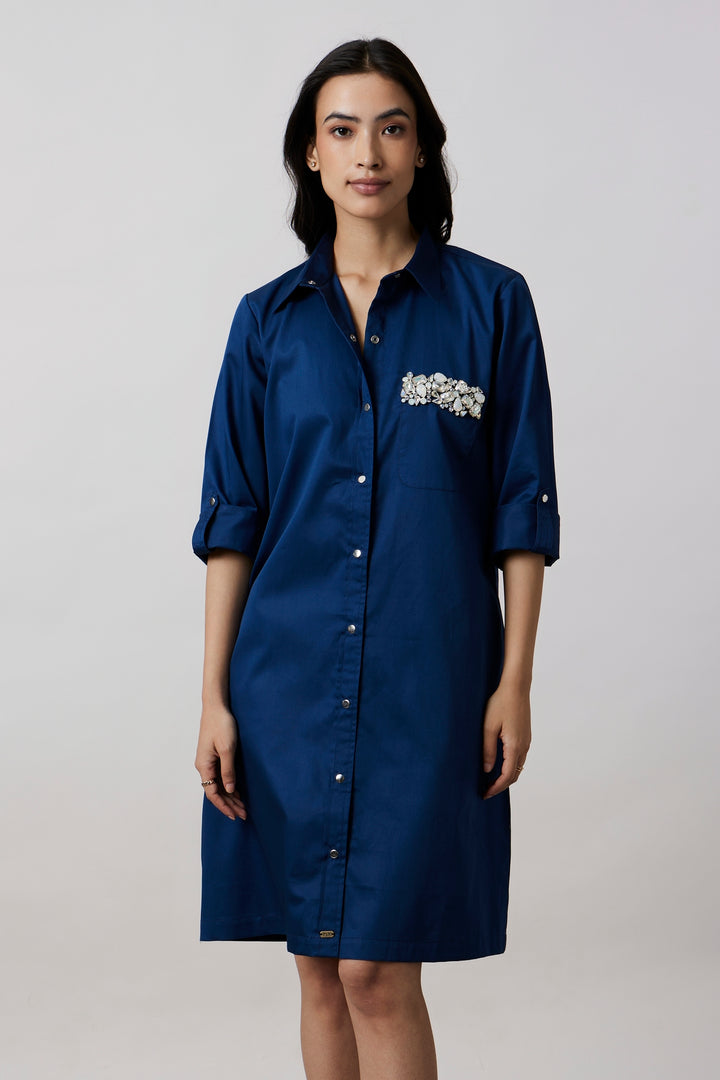 Midnight Blue Pocket Swarovski Shirt Dress