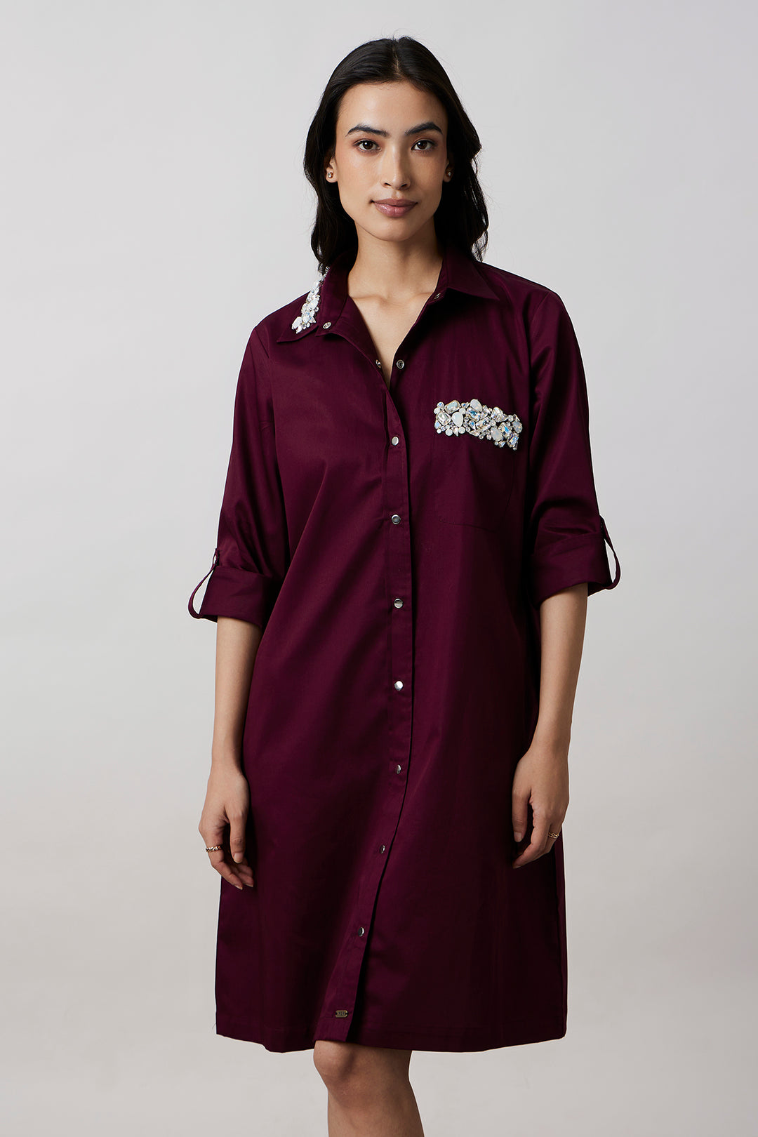 Burgundy Collar Pocket Swarovski Shirt Dress