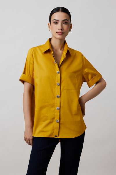 Mustard Swarovski Button Shirt