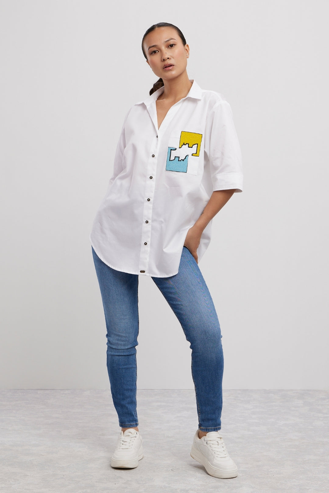 White Puzzle Pop Embroidered Shirt - PALLAVI SWADI  