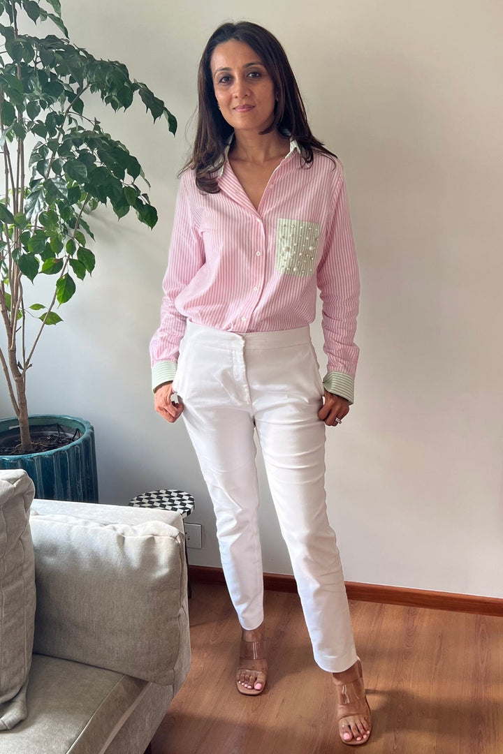 Pink Pastel Stripes Shirt with Swarovski Pearl Pocket