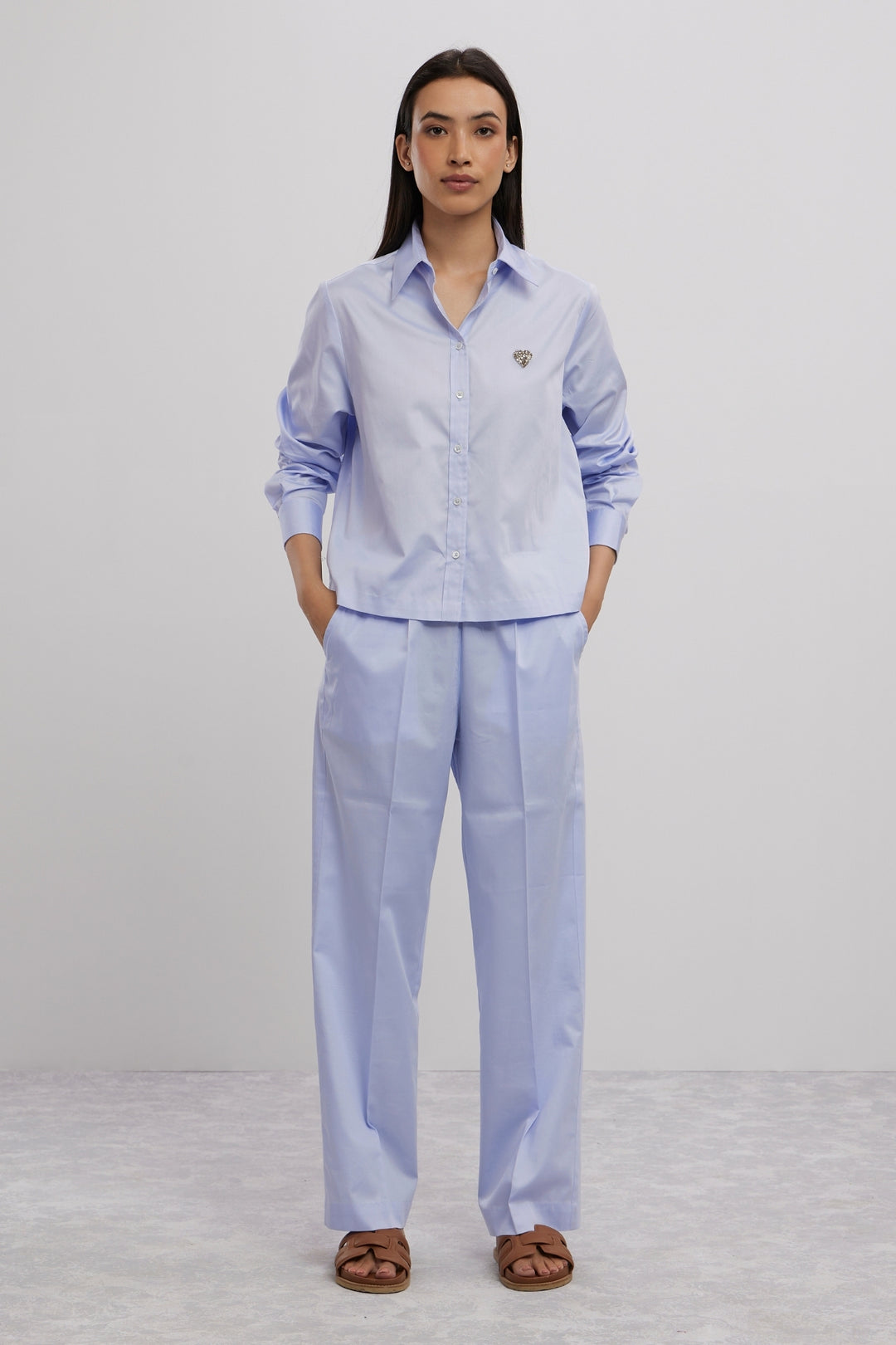SKY BLUE SWAROVSKI HEART CROP SHIRT WITH LOOSE PANTS - PALLAVI SWADI  