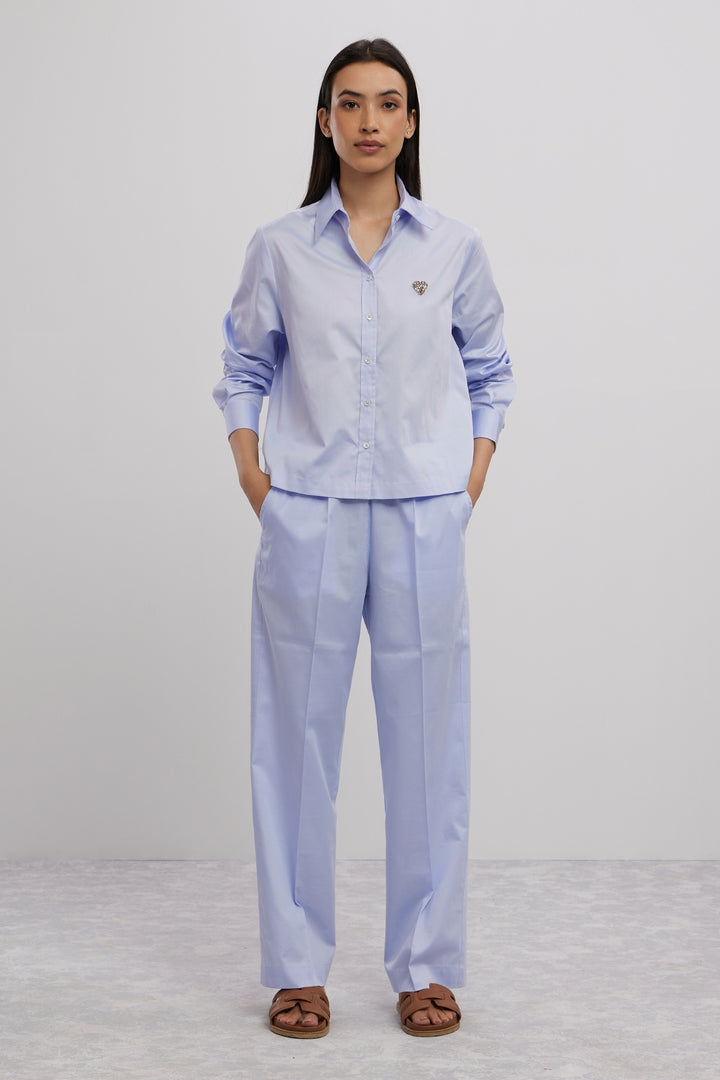 SKY BLUE SWAROVSKI HEART CROP SHIRT WITH LOOSE PANTS - PALLAVI SWADI  