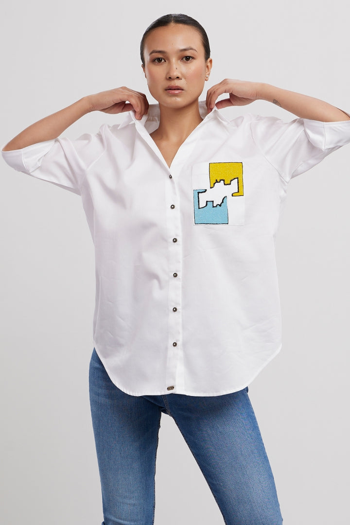 White Puzzle Pop Embroidered Shirt - PALLAVI SWADI  