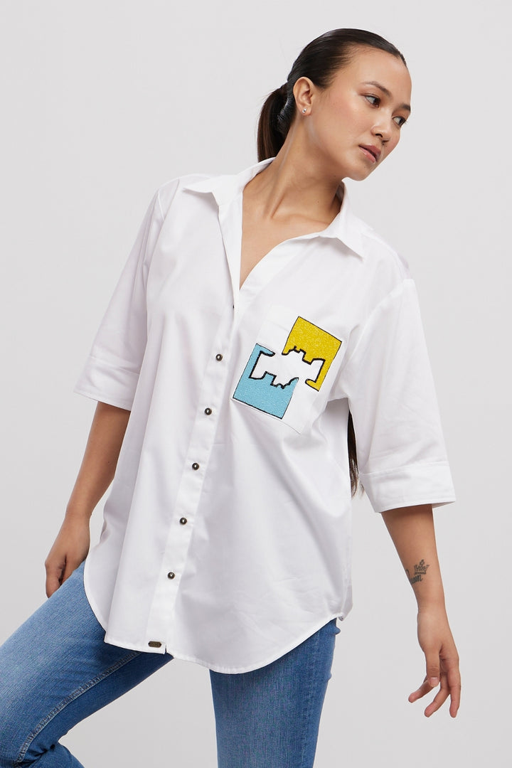 White Puzzle Pop Embroidered Shirt - PALLAVI SWADI  