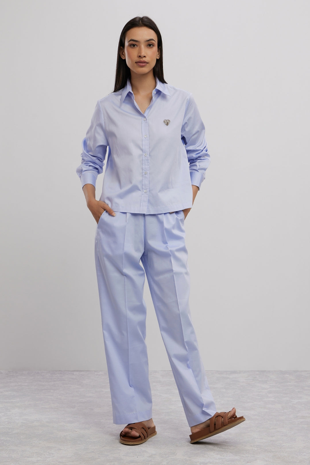 SKY BLUE SWAROVSKI HEART CROP SHIRT WITH LOOSE PANTS - PALLAVI SWADI  