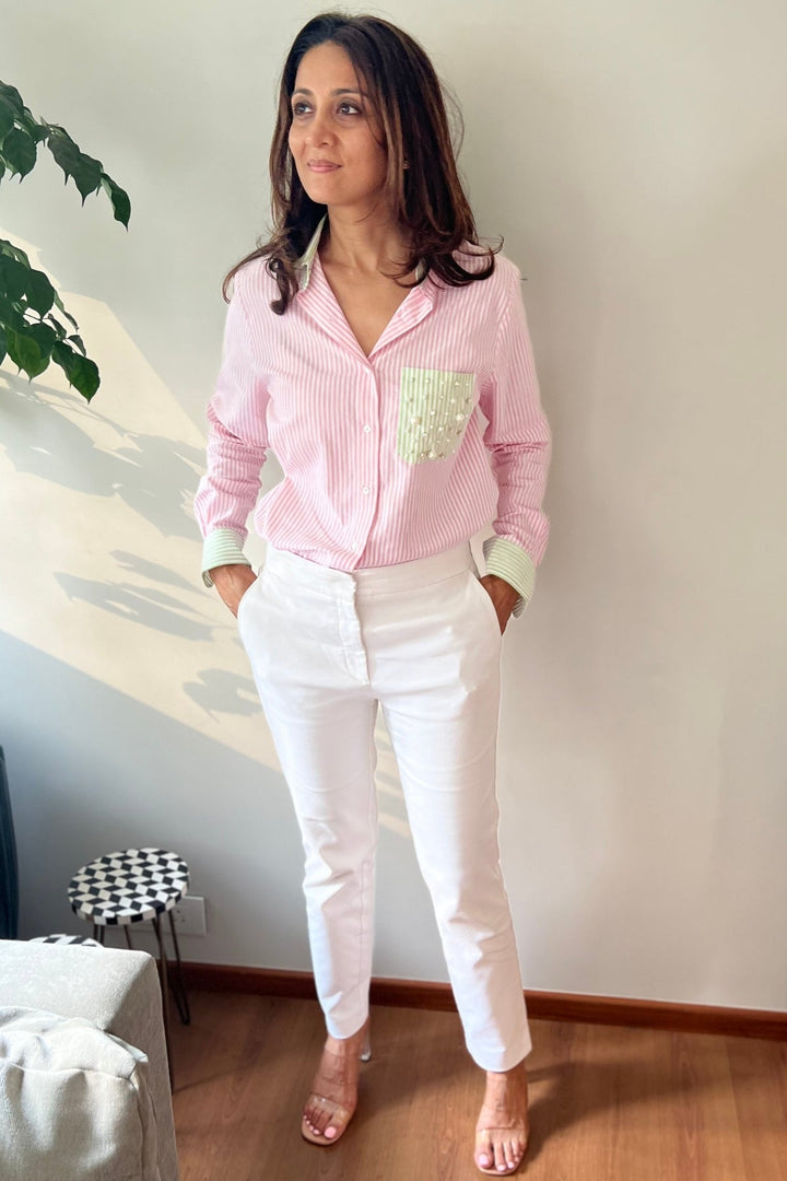 Pink Pastel Stripes Shirt with Swarovski Pearl Pocket
