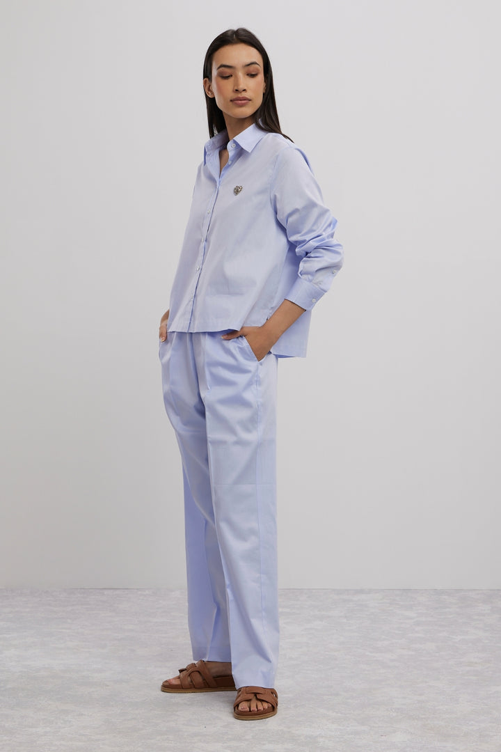 SKY BLUE SWAROVSKI HEART CROP SHIRT WITH LOOSE PANTS - PALLAVI SWADI  