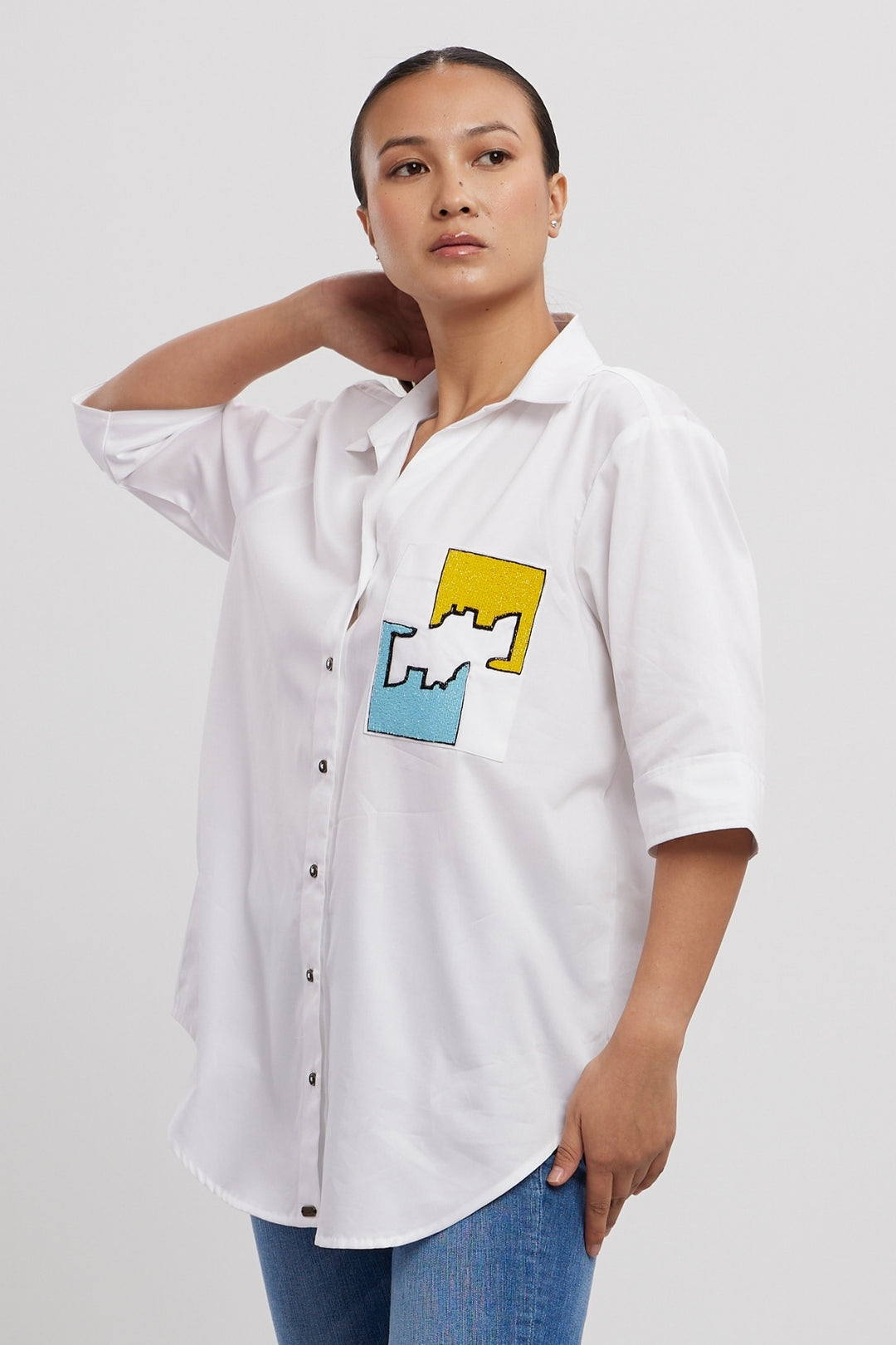 White Puzzle Pop Embroidered Shirt - PALLAVI SWADI  