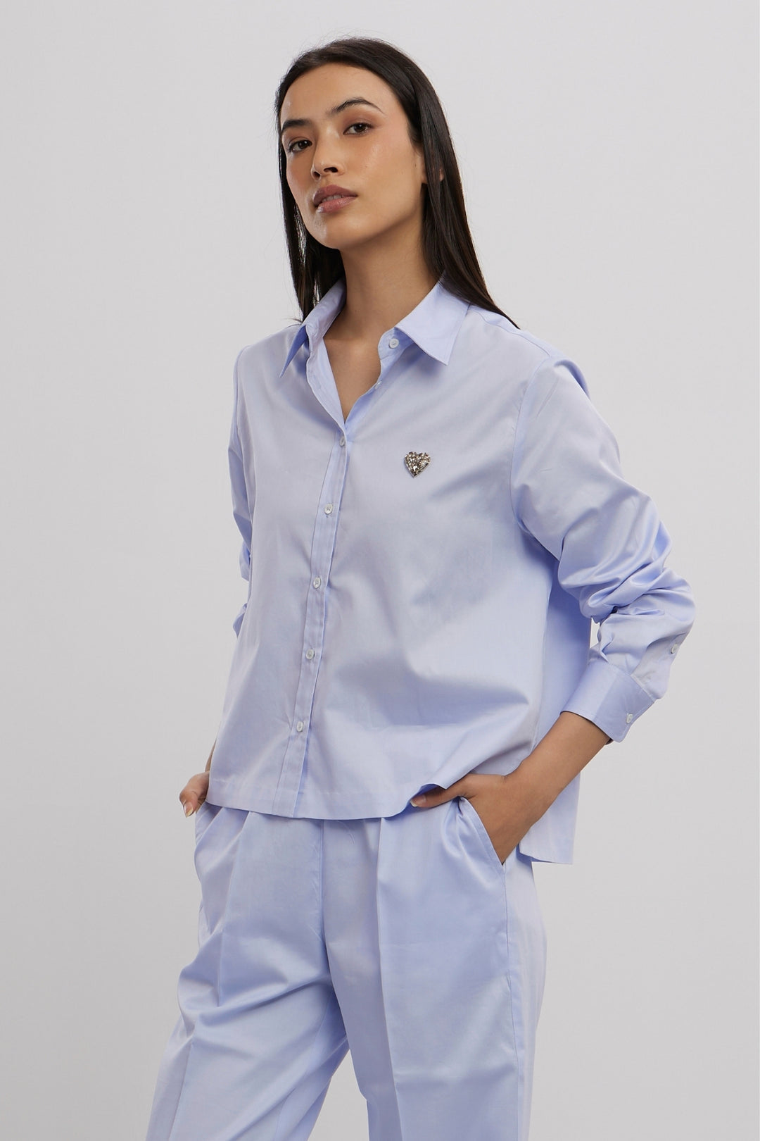 SKY BLUE SWAROVSKI HEART CROP SHIRT WITH LOOSE PANTS - PALLAVI SWADI  