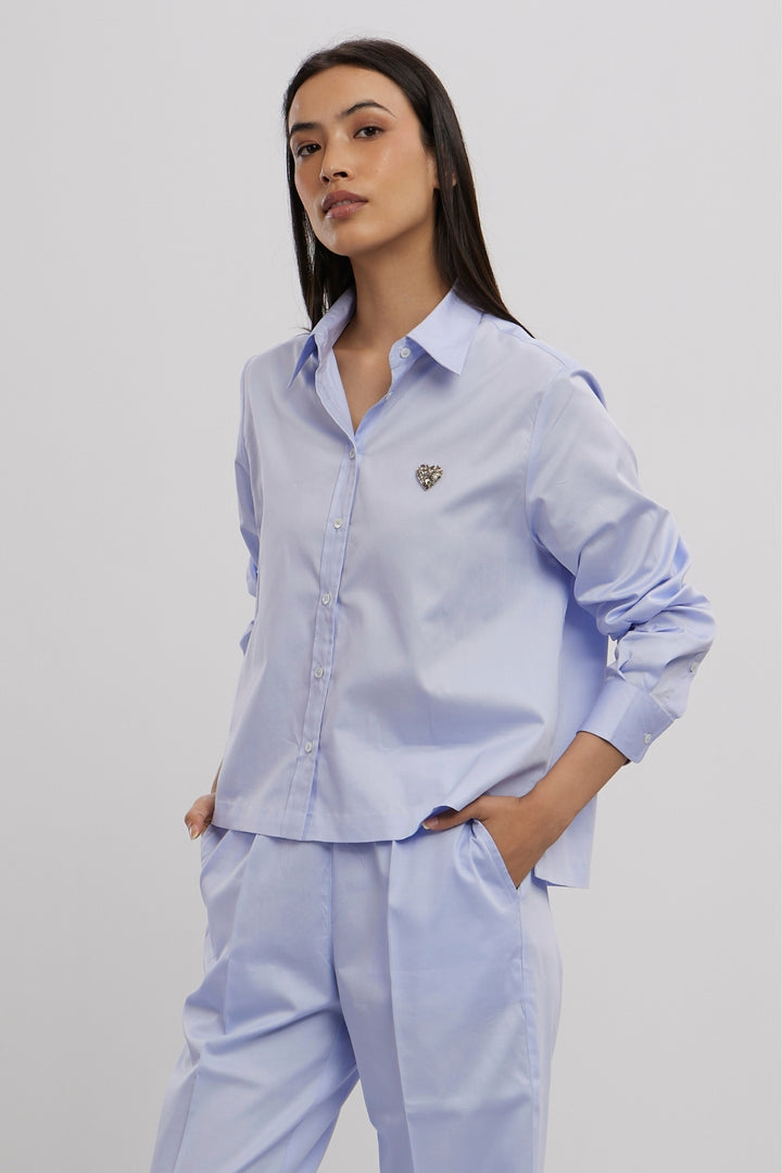SKY BLUE SWAROVSKI HEART CROP SHIRT WITH LOOSE PANTS - PALLAVI SWADI  