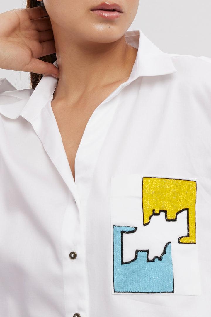 White Puzzle Pop Embroidered Shirt - PALLAVI SWADI  