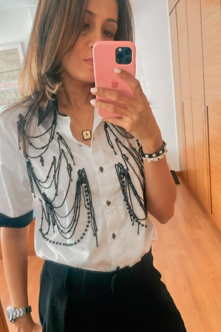 White Fringe Panel Shirt