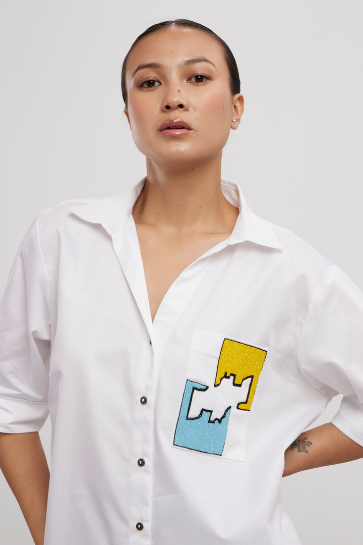 White Puzzle Pop Embroidered Shirt - PALLAVI SWADI  