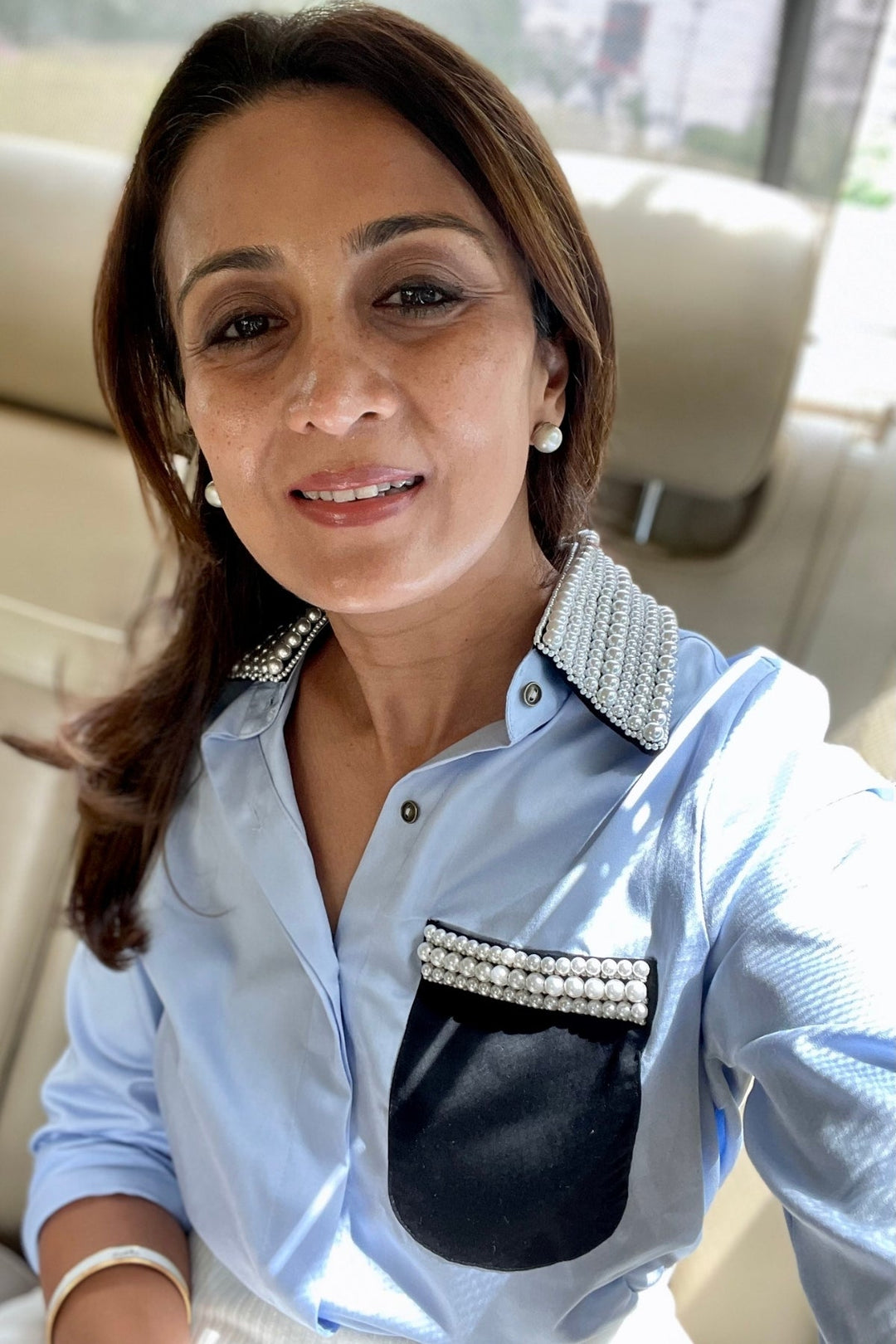 Sky Blue Pearl Collar Pocket Shirt