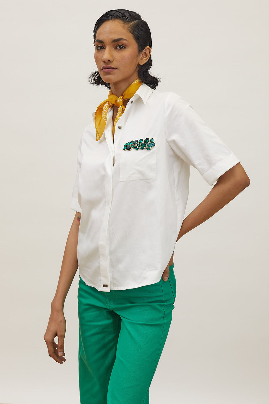 White Emerald Pocket Swarovski Shirt