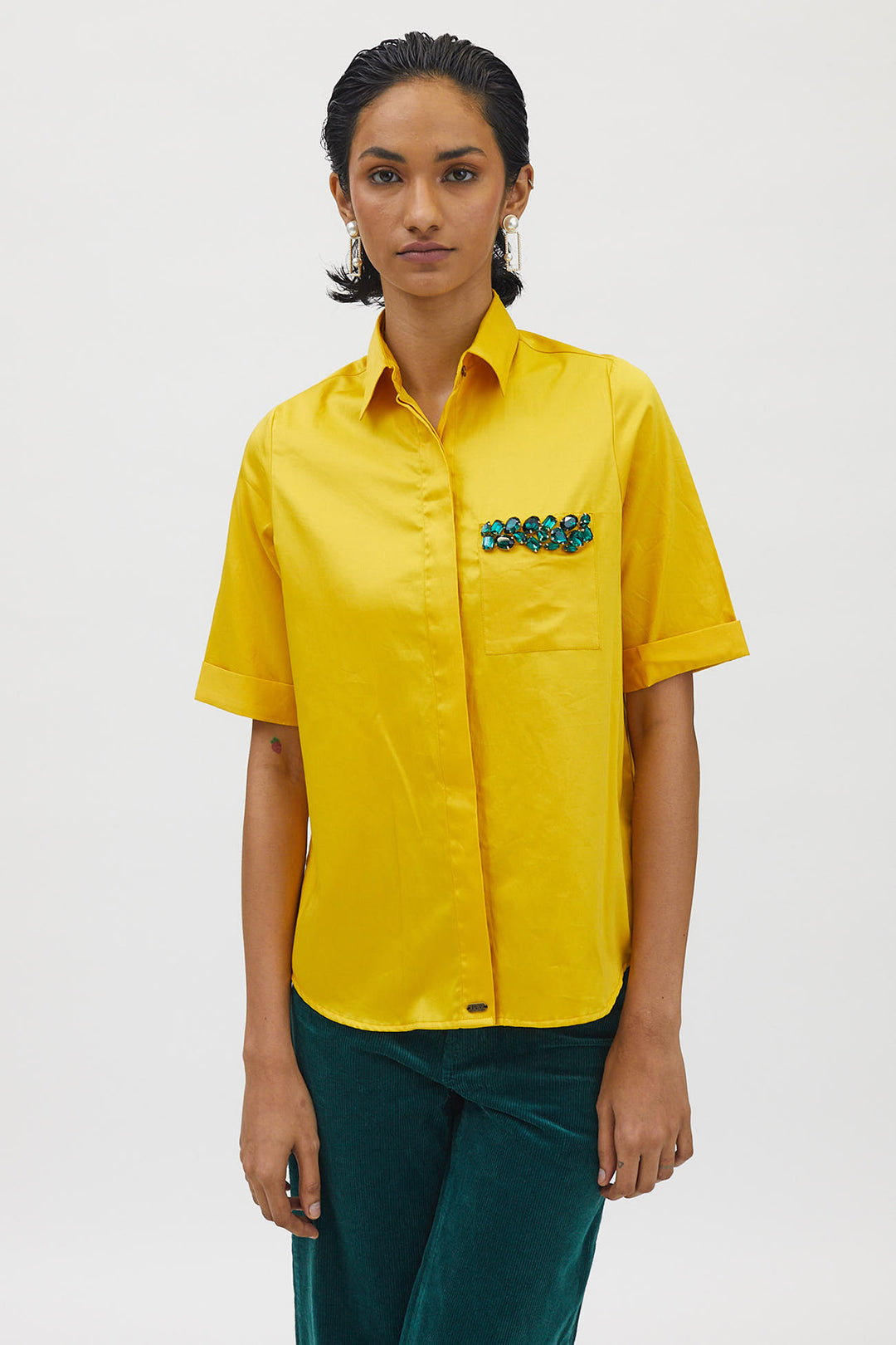 Canary Yellow Emerald Pocket Swarovski Shirt