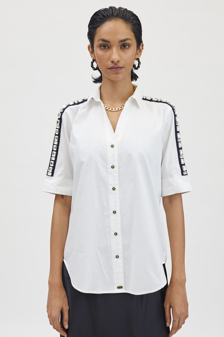 White Rectangle Swarovski Ribbon Shirt