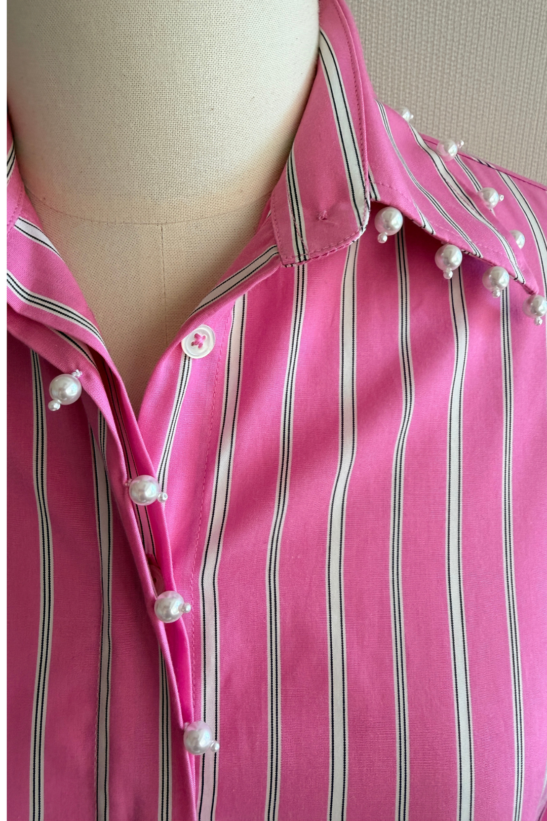 Pink Stripe Pearl Collar Placket Shirt
